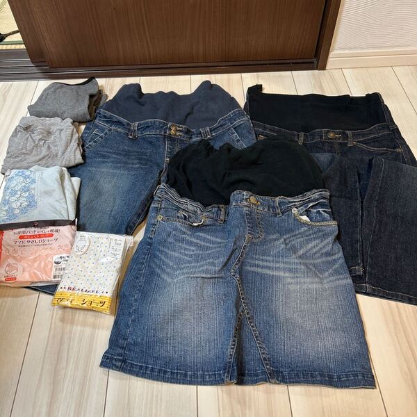 マタニティセット デニム、デニムスカート、デニムハーフパンツ 腹巻き2点、産前産後ショーツ