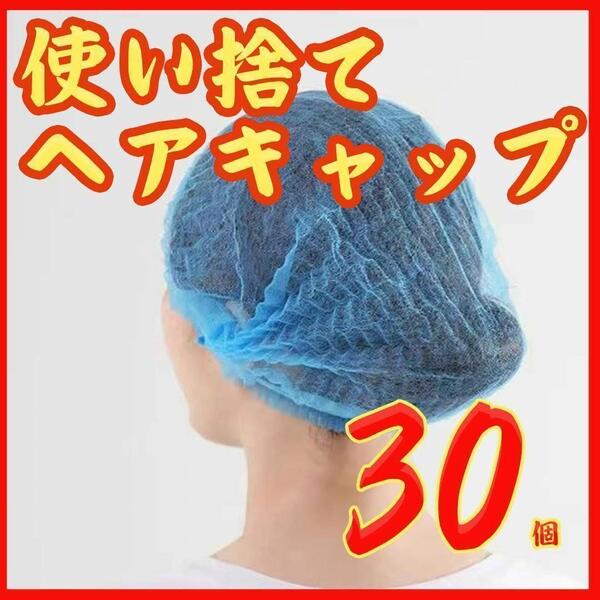 不織布使いきりヘアキャップ 30枚 介護福祉医療用 青色 チャック付き袋入り