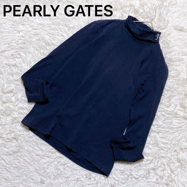 良品☆ PEARLY GATES パーリーゲイツ モックネック ハイネック 長袖カットソー ストレッチ うさぎ刺繍 ゴルフウェア ネイビー 春 秋 0