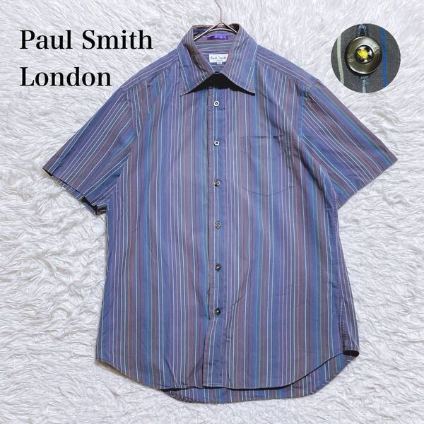 大人の魅力☆ Paul Smith London ポールスミスロンドン 半袖 シャツ ストライプ マルチストライプ ドレス ブランドボタン メンズ 夏 M