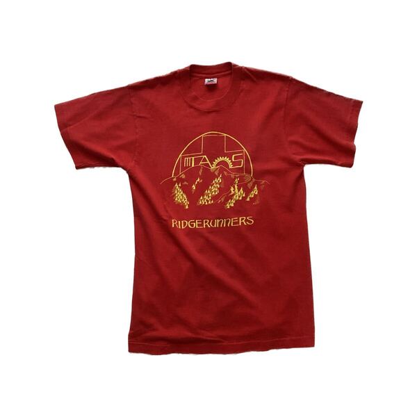 【希少】80s Fruit of the Loow ヴィンテージプリントTシャツ アメリカ製 Mサイズ 赤 フルーツオブザルーム USA製 袖裾シングル マラソン