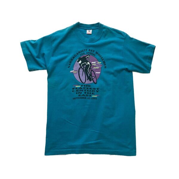 【希少】80s ヴィンテージプリントTシャツ L ターコイズ USA製 Fruit of the loom フルーツオブザルーム アメリカ製 袖裾シングル 自転車