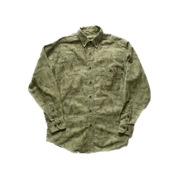 【雰囲気◎】90s WOOLRICH 総柄プリントシャモアシャツ M オリーブ ウールリッチ ヴィンテージ ビンテージ アウトドア USA アメリカ 古着