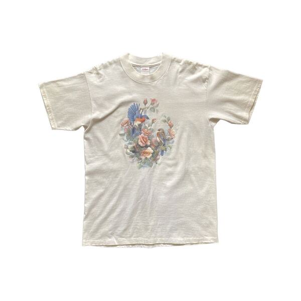【雰囲気◎】80s ヴィンテージプリントTシャツ L 花 鳥 生成り USA製 ビンテージ ナチュラル アメリカ製 動物 アニマル 袖裾シングル