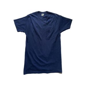 【希少】80s フルーツオブザルーム 無地ポケットTシャツ L ネイビー USA製 アメリカ製 Fruit of the Loom 袖裾シングルステッチ ビンテージ