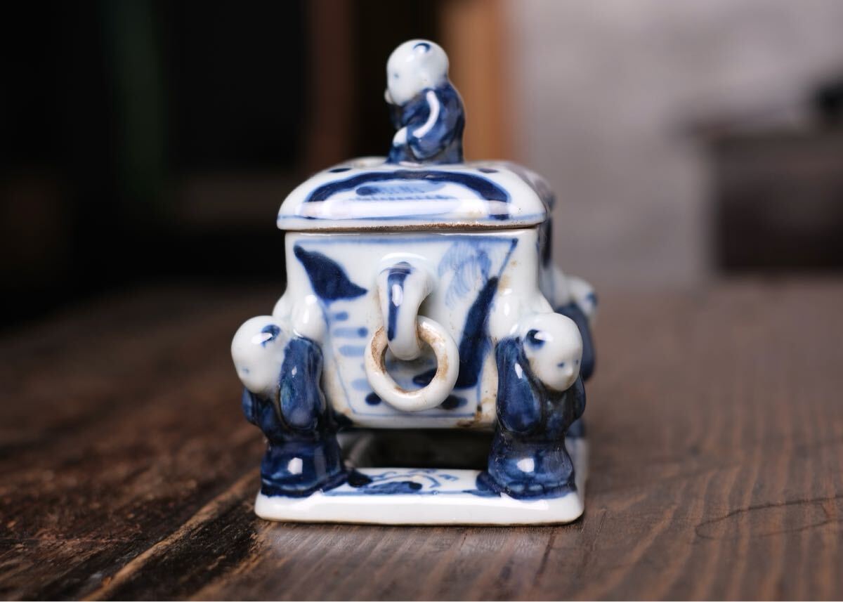 1001 中国 骨董 道八 染付 瓢箪香炉 時代物