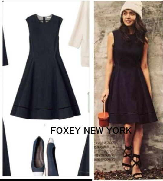 極美品【FOXEY NEW YORK|フォクシーニューヨーク】デニムワンピース フィット&フレア はしごレース インディゴ 38 S 即決