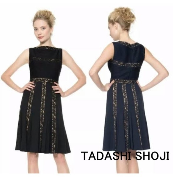 美品【TADASHI SHOJI|タダシ ショージ】ピンタック ジャージードレス ピンタックトリムワンピース レースデザイン フィット&フレア 即決