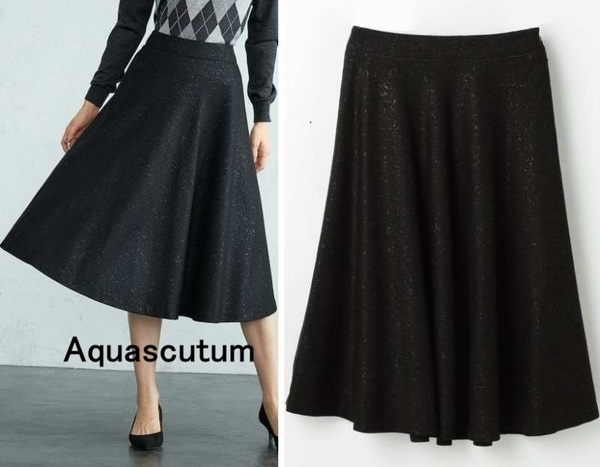 新品【Aquascutum|アクアスキュータム】定価4万7千円 メタリックツィード フレアスカート ミディ丈 フレアスカート 黒 サイズ10 即決