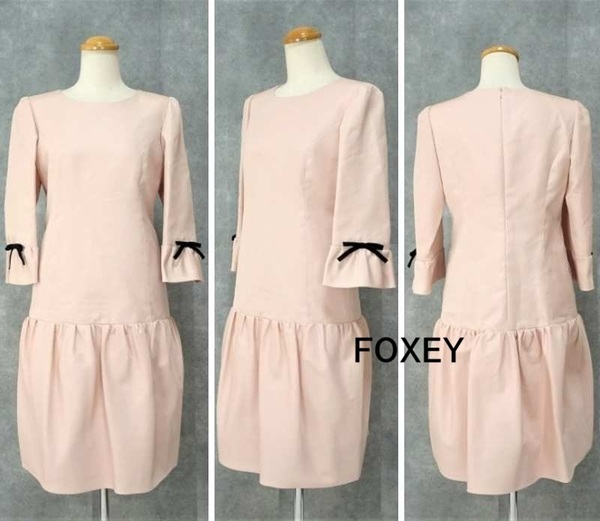 極美品【FOXEY|フォクシー】シルク ギャザー切替ワンピース 裾ペプラムワンピース ピンク 絹100% サイズ40 即決