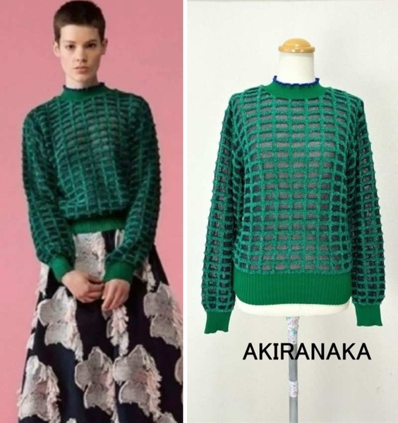 極美品【AKIRANAKA|アキラナカ】定価4万6千円 シアーチェック柄 ハイネックニット ラメニットトップス 黒×緑 38 即決