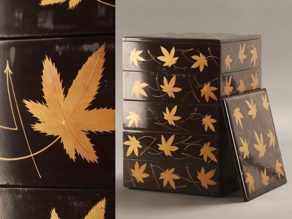 明治期？古漆器 富士風景図変わり 金蒔絵 五段重箱 a0386（2025