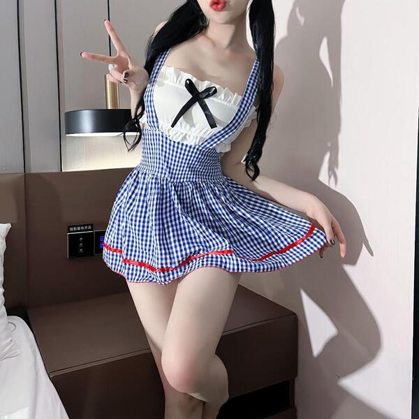 コスプレ 衣装 ブルー チェックメイド 3点セット 格子柄 撮影 エロ 可愛い 制服 コスチューム ワンピース Tバック 着衣 露出 ロリ JK 女装