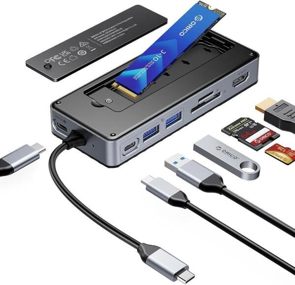 M.2 SSDケースー付きUSB Cハブ、ORICO USB-C ドッキングステーション、10Gbps USB 3.2 Gen2 M.2 NVMe/SATA 両対応ケース