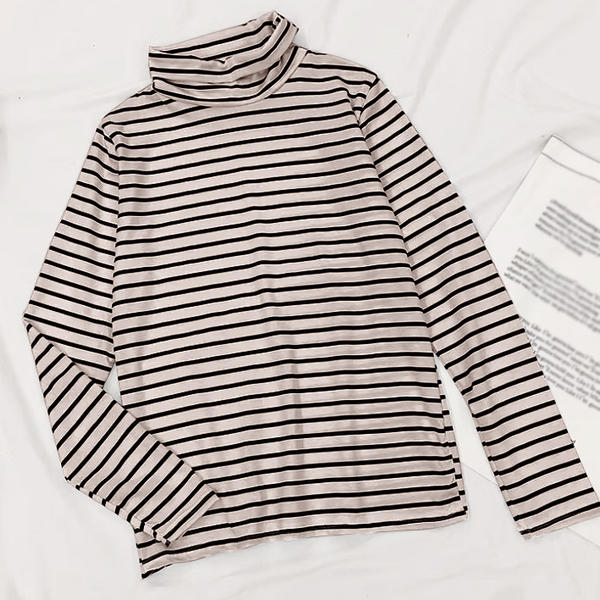 新品 ボーダー柄 タートルネック 長袖 Tシャツ カットソー ベージュ free42