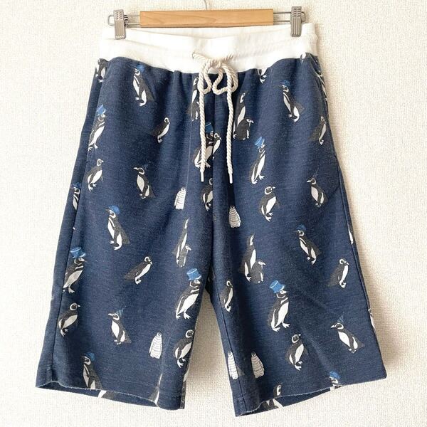 カワイイ ペンギン柄★MOVEN PICK ハーフパンツ メンズ L★ネイビー ショートパンツ 総柄 夏物 ムーブンピック ブランド 膝丈 涼しい 薄手