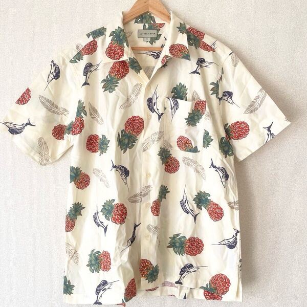 美品★カッター&バック★半袖シャツ アロハシャツ ゴルフ ウェア LL 総柄 パイナップル カジキマグロ ハワイ ホワイト ベージュ サーファー