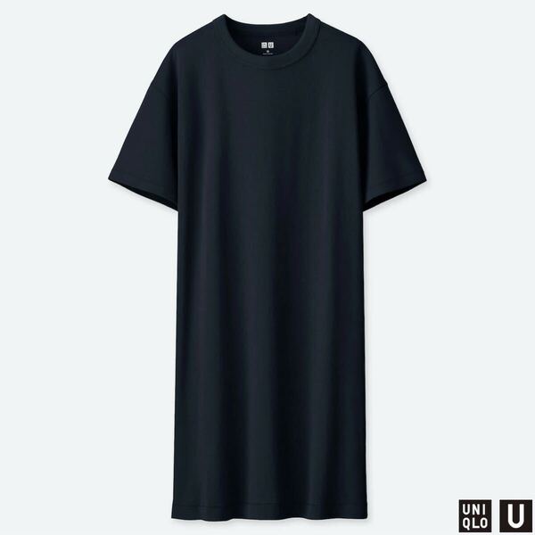 美品★大人気 ユニクロ クルーネックTシャツワンピース★M ブラック 黒 レディース ロング 無地 チュニック カットソー 414054