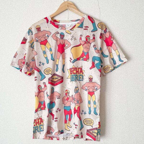 覆面レスラーTシャツ L XXL★ルチャ リブレ メキシコ プロレス レスラー 格闘技 おもしろTシャツ 半袖 総柄 アロハ イラスト アニメ マスク