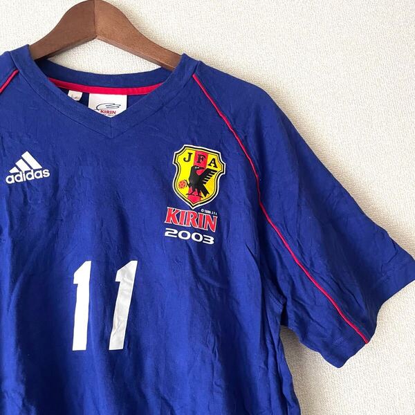 サッカー 日本代表 背番号 11番 2003年 ワールドカップ ユニフォーム Tシャツ L アディダス adidas 半袖 キリン ブルー 鈴木隆行 ブルー 青