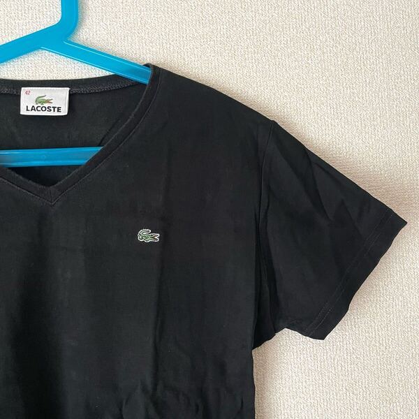 美品★ラコステ 日本製 Vネック カットソー 42★Tシャツ 半袖 コットン 黒 ブラック レディース Lサイズ シンプル タイト 刺繍 ロゴマーク