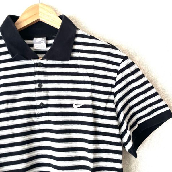 ナイキ ポロシャツ ボーダー 半袖 XL★モノトーン ブラック ホワイト グレー 90s 00s 古着 ヴィンテージ 平成 アメカジ ゴルフ 古着好き