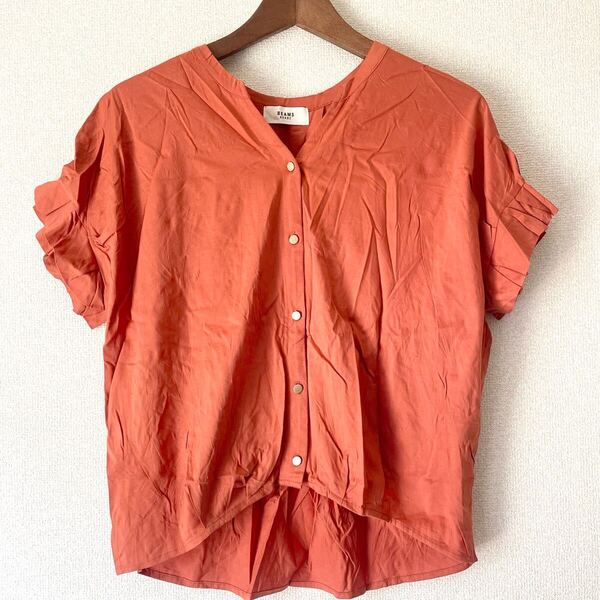 新品 ビームス BEAMS HEART★古着 半袖 ブラウス オレンジ カットソー Tシャツ フリーサイズ レディース 無地 コットン 綿 夏 ボタンシャツ