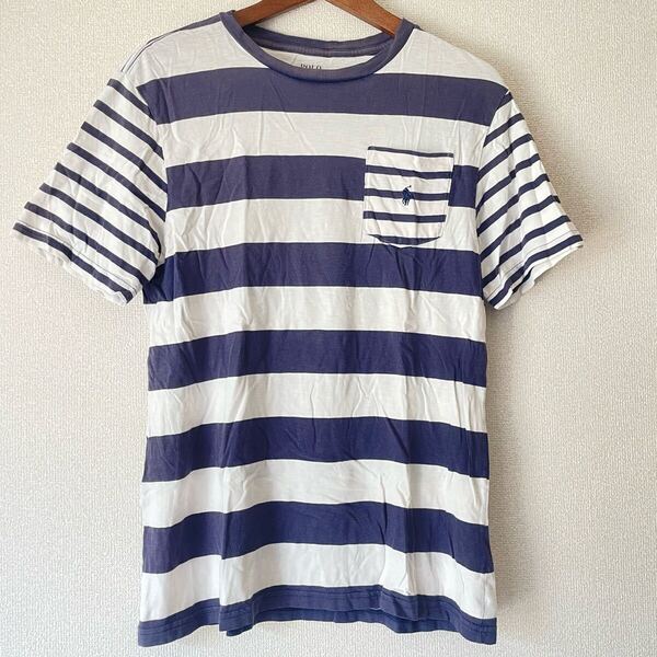 ラルフローレン 170 M★半袖 ボーダー Tシャツ POLO RALPH LAUREN 夏 ブランド ホワイト 白 ブルー 青★胸ポケット シンプル メンズ ポロ