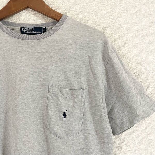 ポロ ラルフローレン 半袖 コットン Tシャツ S L相当 グレー 無地 ポケットTシャツ 胸 刺繍 ロゴ シンプル 海外製 アメリカ サイズ 香港 綿