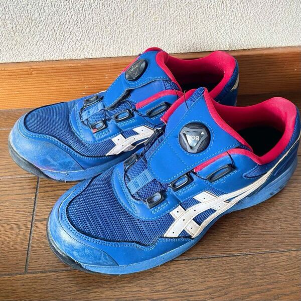 美品★ASICS アシックス ウィンジョブ★CP209 BOA ワイド 幅広 3E相当 ブルー×ホワイト 26cm 安全靴 作業靴 リール 紐 JSAA A種 認可 認証