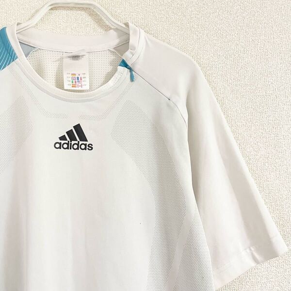 アディダス adidas サッカー ゲームシャツ L★試合 ユニフォーム ポリエステル ホワイト 白 水色 ロゴ Tシャツ 半袖 スポーツ フットサル