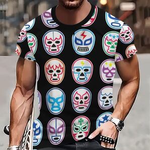 覆面レスラーTシャツ 黒 L XXL★ルチャ リブレ メキシコ プロレス レスラー 格闘技 面白Tシャツ 半袖 総柄 衣装 衣裳 パーティー マスク