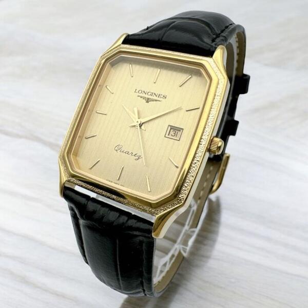 稼働 ロンジン スクエア ゴールド文字盤 ビンテージ 腕時計 メンズウォッチ カレンダー デイト クオーツ LONGINES