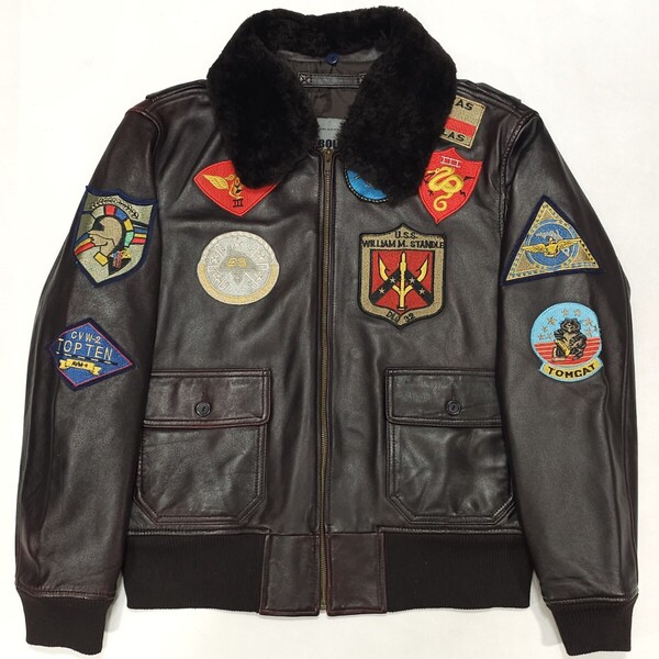 BOLINIボリーニG-1レザー牛革フライトジャケットG1トップガン美品トムキャットTopGunアメリカ海軍ブラウン茶色アメカジ刺繍ワッペン