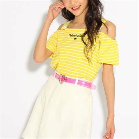 新品 PINK-latte 肩ベルトオフショルトップス レモンイエローボーダー(331) 15(XS150cm) 定価2530円