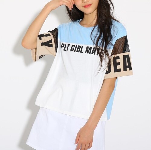 新品 PINK-latte カラーブロック Tシャツ サックス(090) 15(XS150cm) 定価2090円