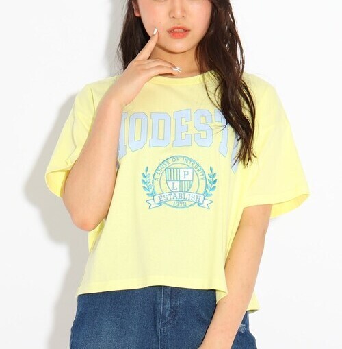 新品 PINK-latte 【コットン100%/毛玉になりにくい】エンブレム入りBIGロゴカレッジTシャツ レモンイエロー(031) 15(150cm) 定価2189円