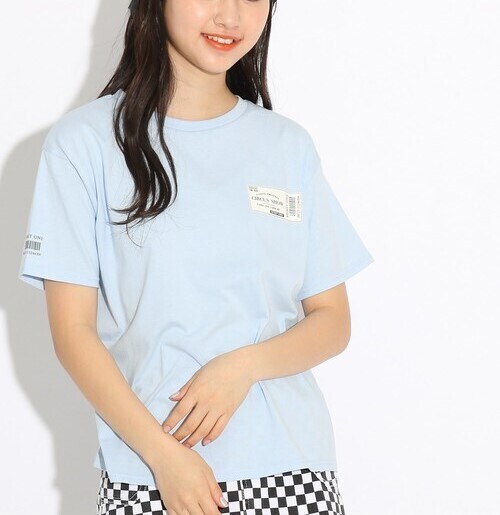 新品 PINK-latte【コットン100%/毛玉になりにくい】チケットプリントTシャツ ライトブルー(091) 14(140cm) 定価980円