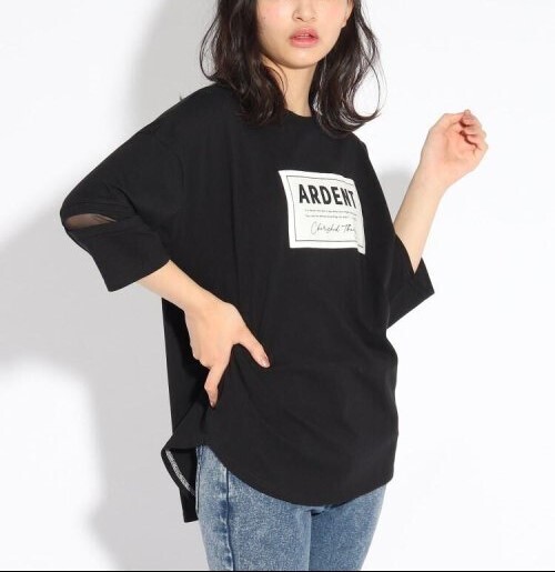 新品 PINK-latte 【コットン100%】ボックスロゴ貼り7分袖トップス ブラック(019) 16(160cm) 定価2090円