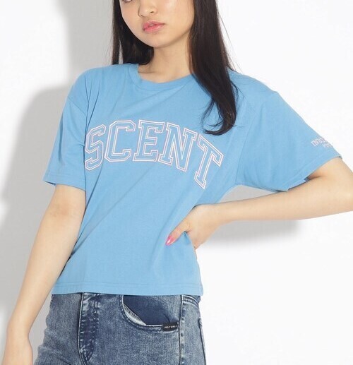 新品 PINK-latte【吸水速乾/洗濯物が乾きやすい】3Dロゴししゅうショート丈Tシャツ ブルー(092) 15(150cm) 定価2189円