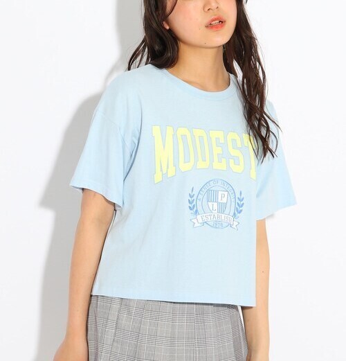 新品 PINK-latte 【コットン100%/毛玉になりにくい】エンブレム入りBIGロゴカレッジTシャツ ライトブルー(091) 15(150cm) 定価2189円