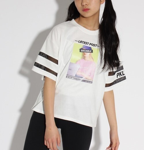 新品 PINK-latte 転写袖すけライン Tシャツ オフホワイト(003) 16(S160cm) 定価3190円