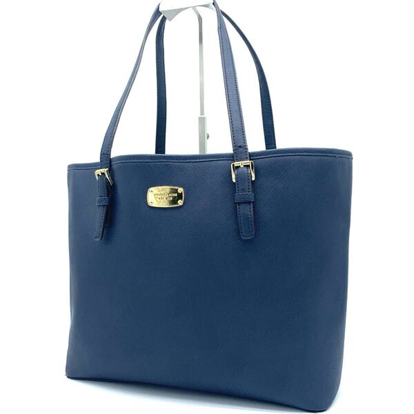 MICHAEL KORS レザー A4 トートバッグ ビジネスバッグ ハンドル調整可能 手提げ 肩掛け可能 MK ロゴ金具 ユニセックス ゴールド ネイビー
