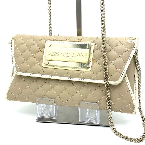 VERSACE JEANS 大容量 長財布 ショルダー 肩掛け 二つ折り ロングウォレット レザー 型押し チェーンショルダーバッグ ゴールド ベージュ