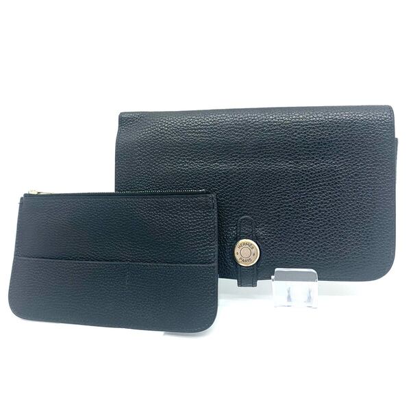 HERMES ドゴンデュオ ドゴンGM トゴ J刻印 二つ折り 長財布 シルバー金具 札入れ コインケース付き ユニセックス ブラック ノワール