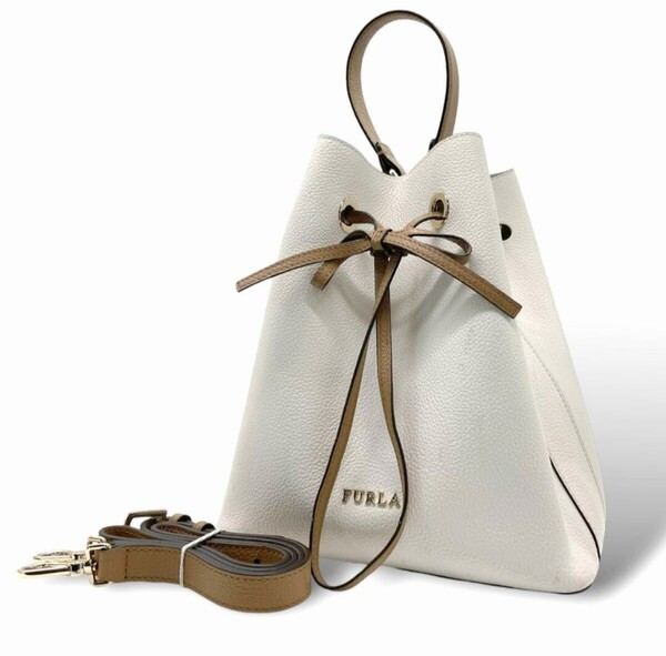 ★FURLA (フルラ) コスタンザ 巾着型 2way ショルダーバッグ ホワイト×ブラウン レザー ボストンバッグ ハンドバッグ クロスボディ白★