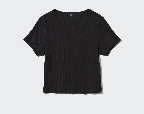 ★UNIQLO (ユニクロ) リブクロップドT 半袖 Sサイズ ブラック トップス ショート丈 Tシャツ★