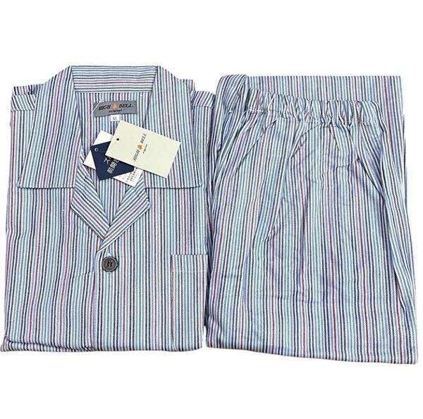 新品タグ付 HIGH BELL 綿100% メンズ M 前開きパジャマ上下セット 紳士 長袖 長パンツ パジャマ上下セット 長ズボン ブルー ストライプ