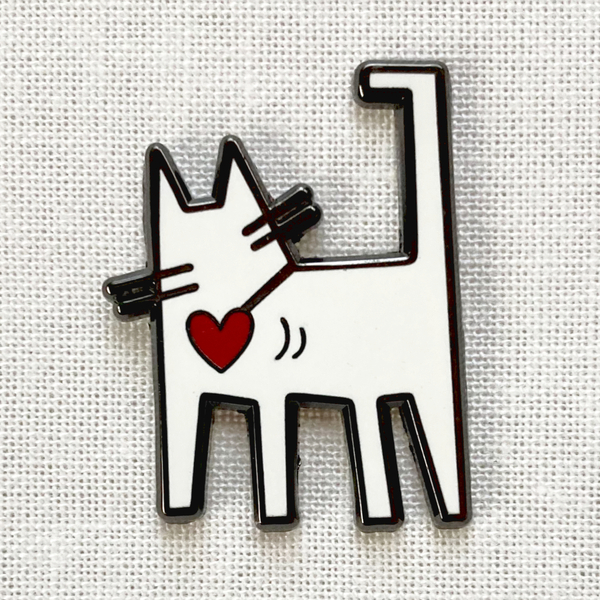 キースへリング・スタイルの猫 ネコとハート◆ピンバッジ ピンズ バッチ ブローチ◆Keith Haring ポップアート オマージュ デザイン