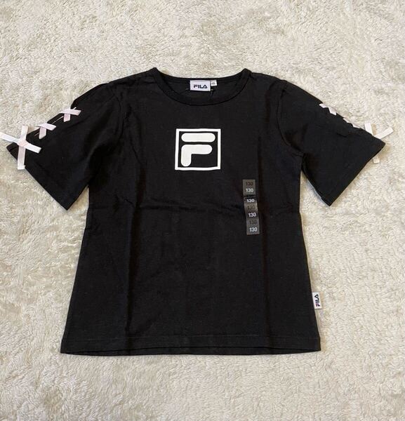 送料無料★新品タグ付き★FILA★袖リボンTシャツ★130★黒★綿100%★女の子キッズ子供幼稚園保育園小学生ジュニアスポブララブトキアルジ